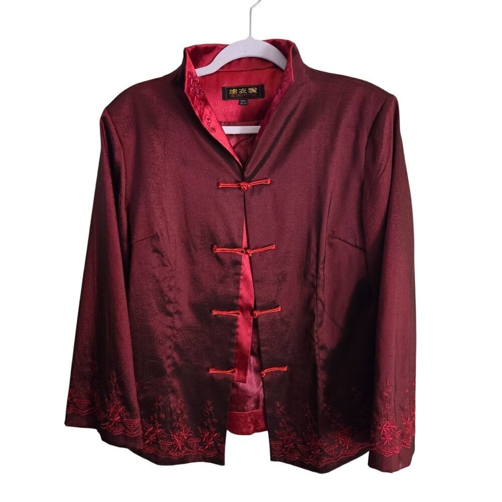 Stunning Burgundy Satin Tang Dynasty Embroidered Unique Jacket Size M